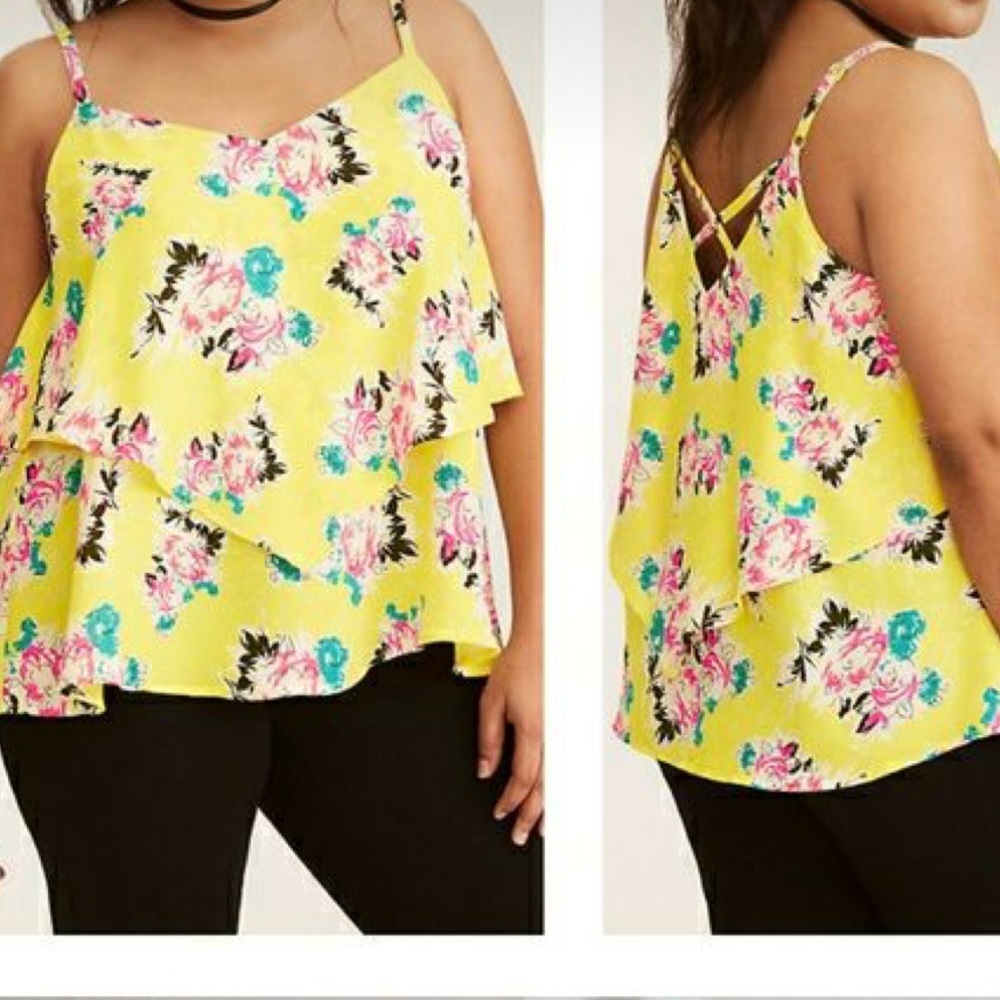 Torrid size 0 tank top camisole flowy blouse bright yellow pink floral dopamine